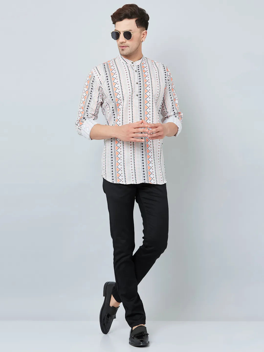 Timeless Sophistication Men's White Printed Short Kurtas for Classic Elegance