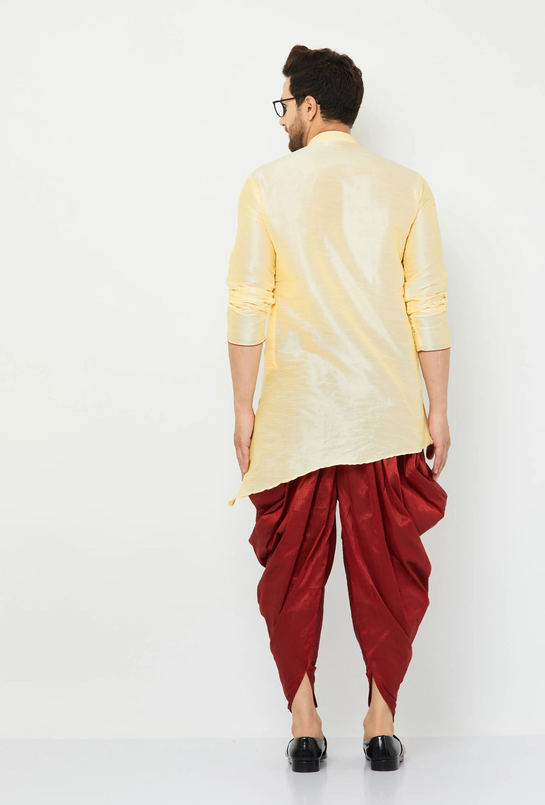 Beige Silk Kurta and Maroon Dhoti Set for men