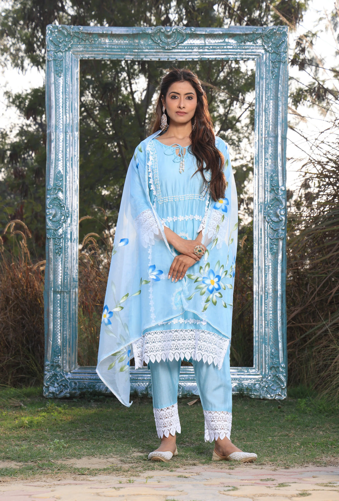 Sky Blue Ethnic Motifs Embroidered Straight Pure Cotton Kurta With Pant & Dupatta set