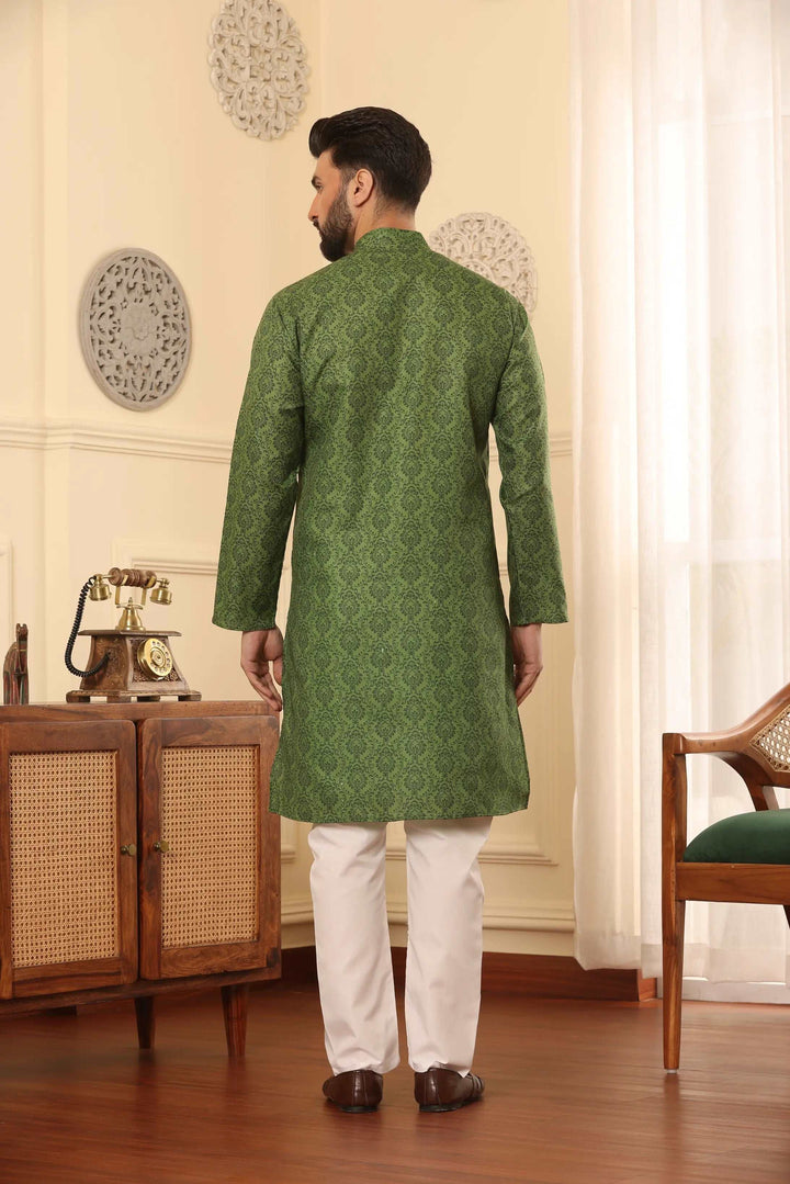 Mehendi Green Cotton Printed Kurta Pajama Set for Men