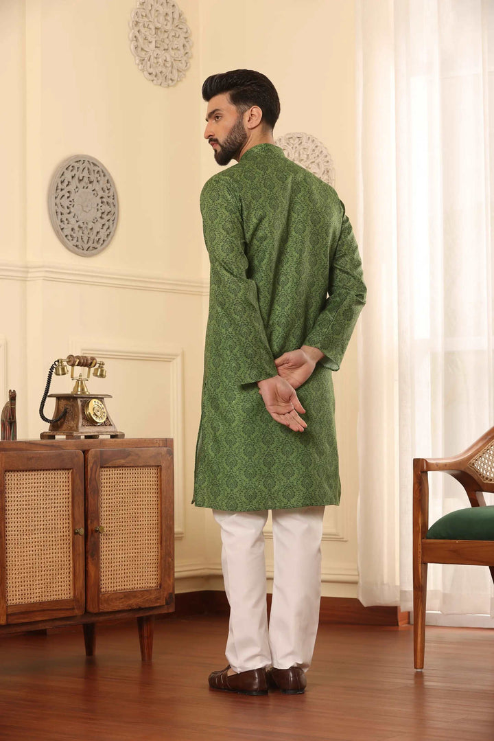 Mehendi Green Cotton Printed Kurta Pajama Set for Men