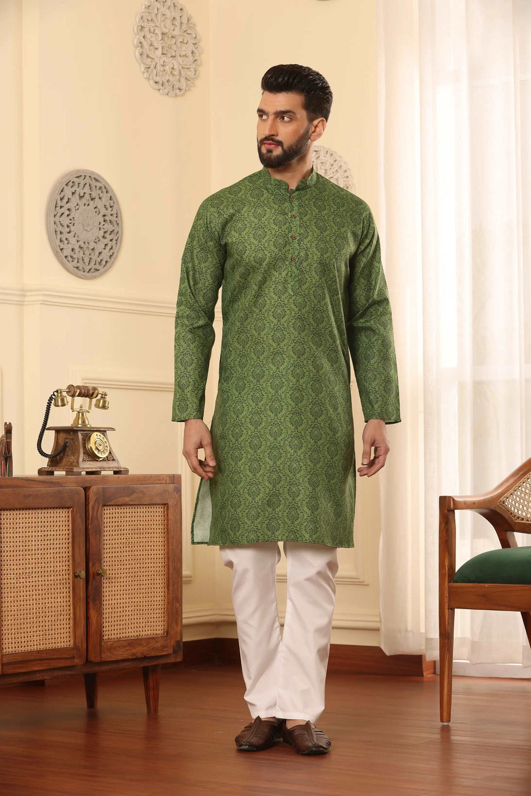 Mehendi Green Cotton Printed Kurta Pajama Set for Men