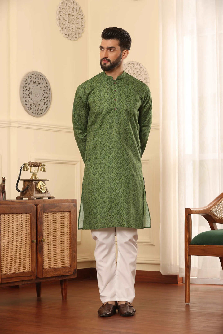 Mehendi Green Cotton Printed Kurta Pajama Set for Men