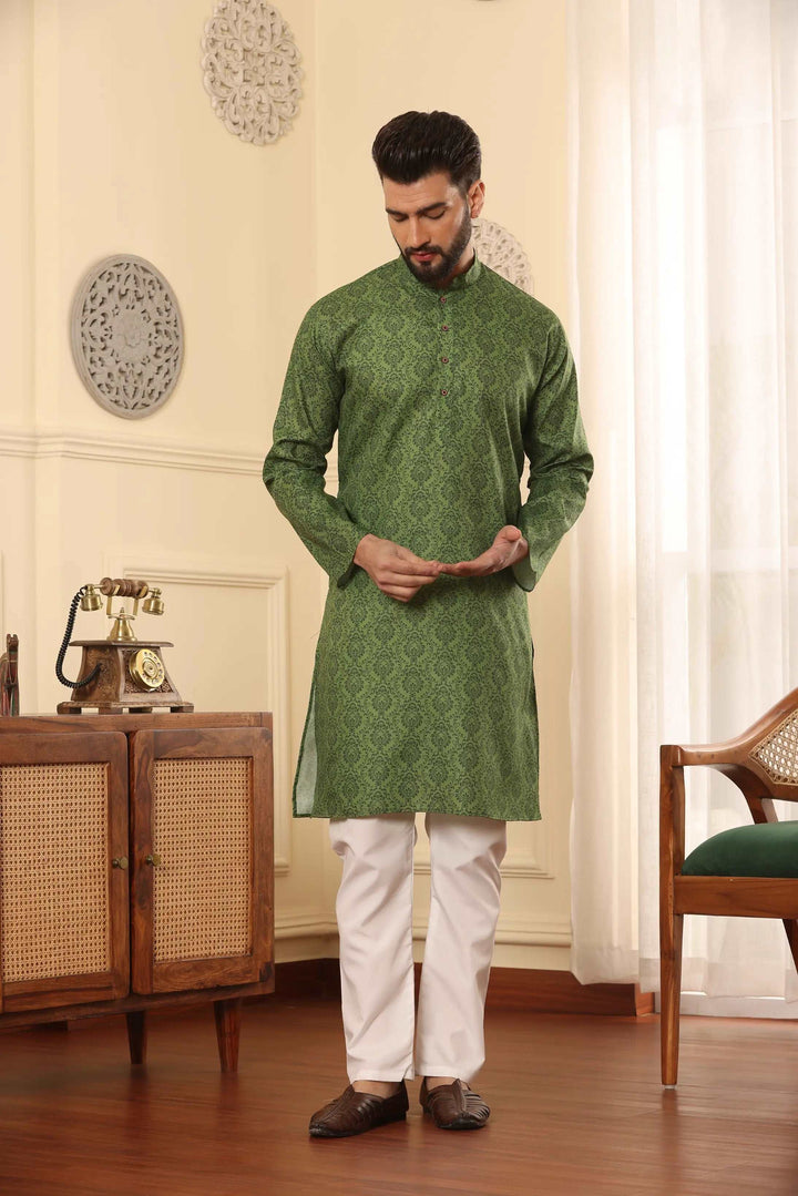 Mehendi Green Cotton Printed Kurta Pajama Set for Men