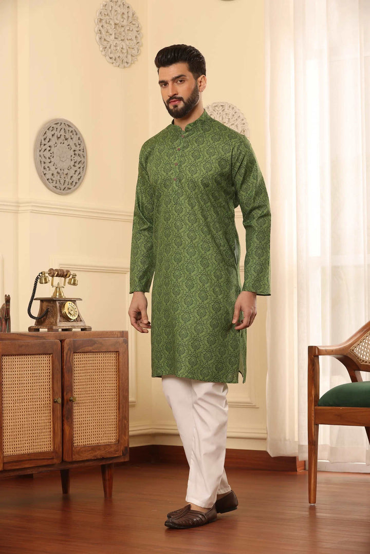 Mehendi Green Cotton Printed Kurta Pajama Set for Men