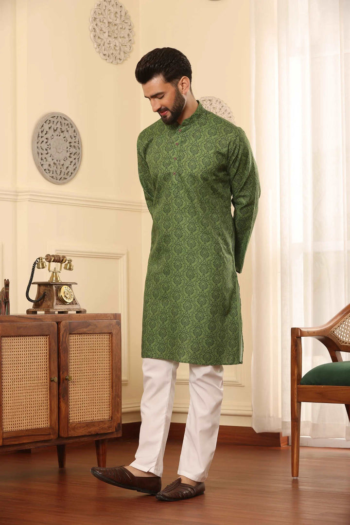 Mehendi Green Cotton Printed Kurta Pajama Set for Men