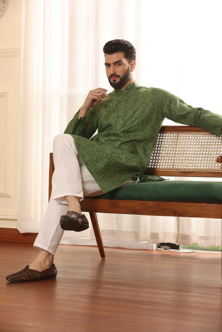 Mehendi Green Cotton Printed Kurta Pajama Set for Men