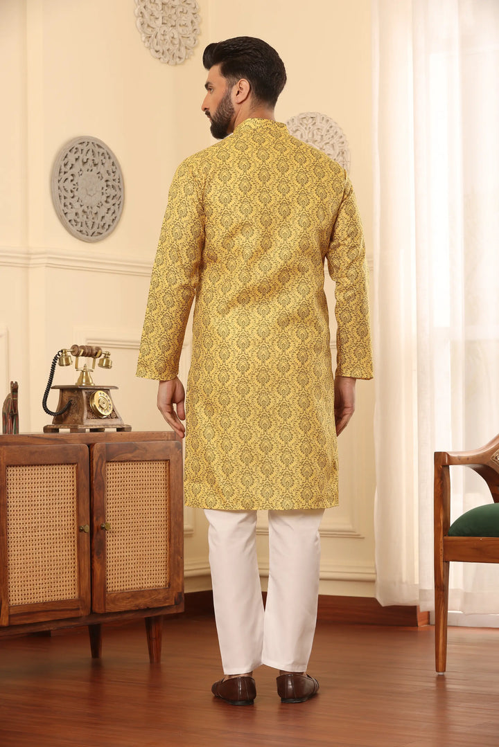 Yellow Cotton Printed Kurta Pajama Set for Men