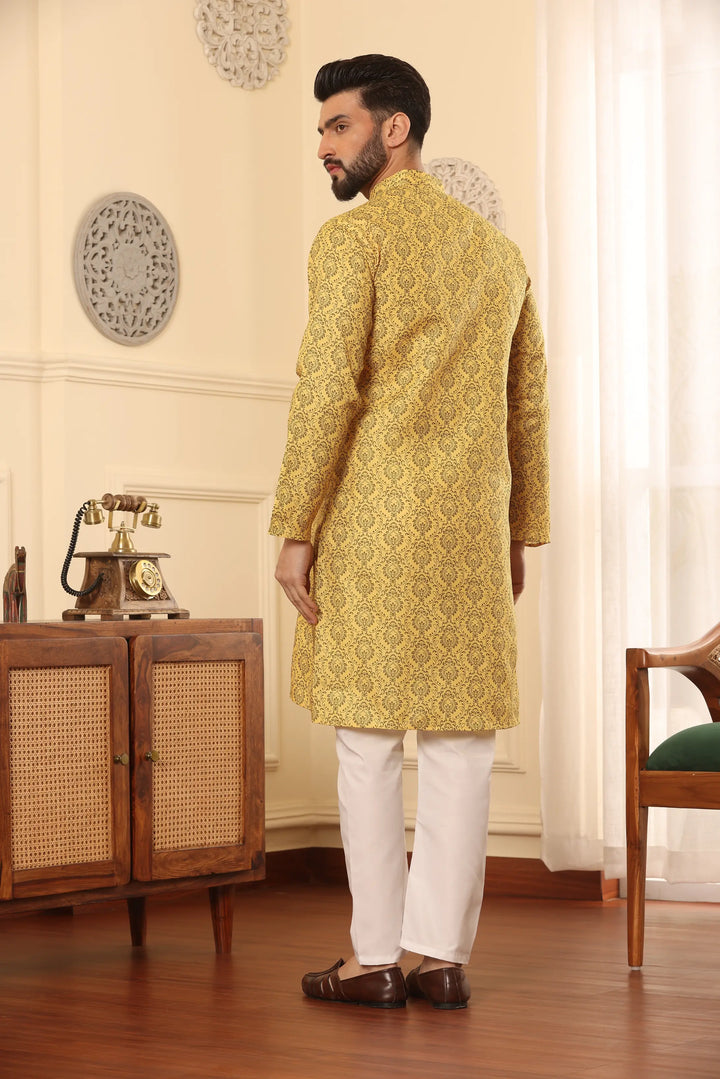 Yellow Cotton Printed Kurta Pajama Set for Men