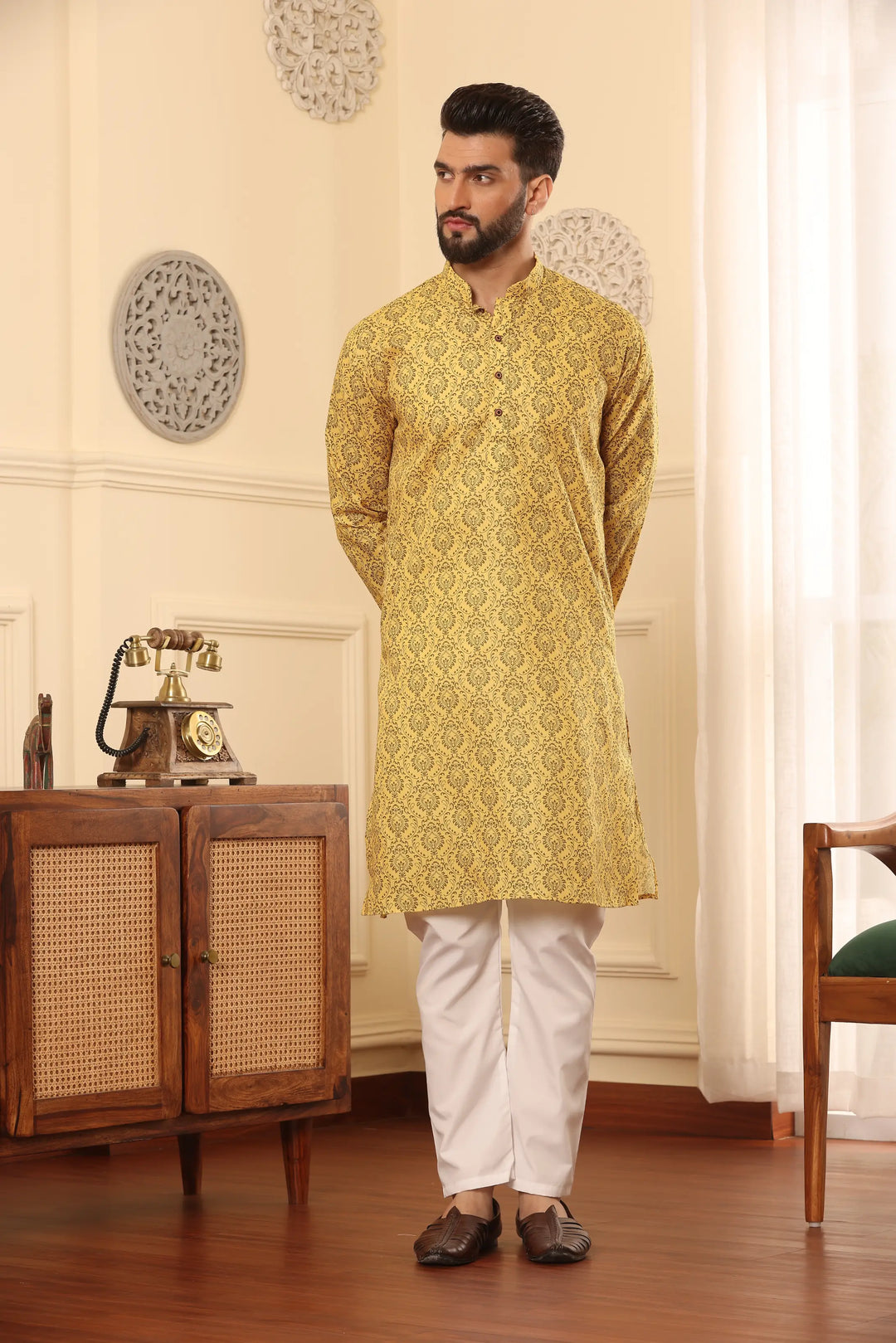 Yellow Cotton Printed Kurta Pajama Set for Men