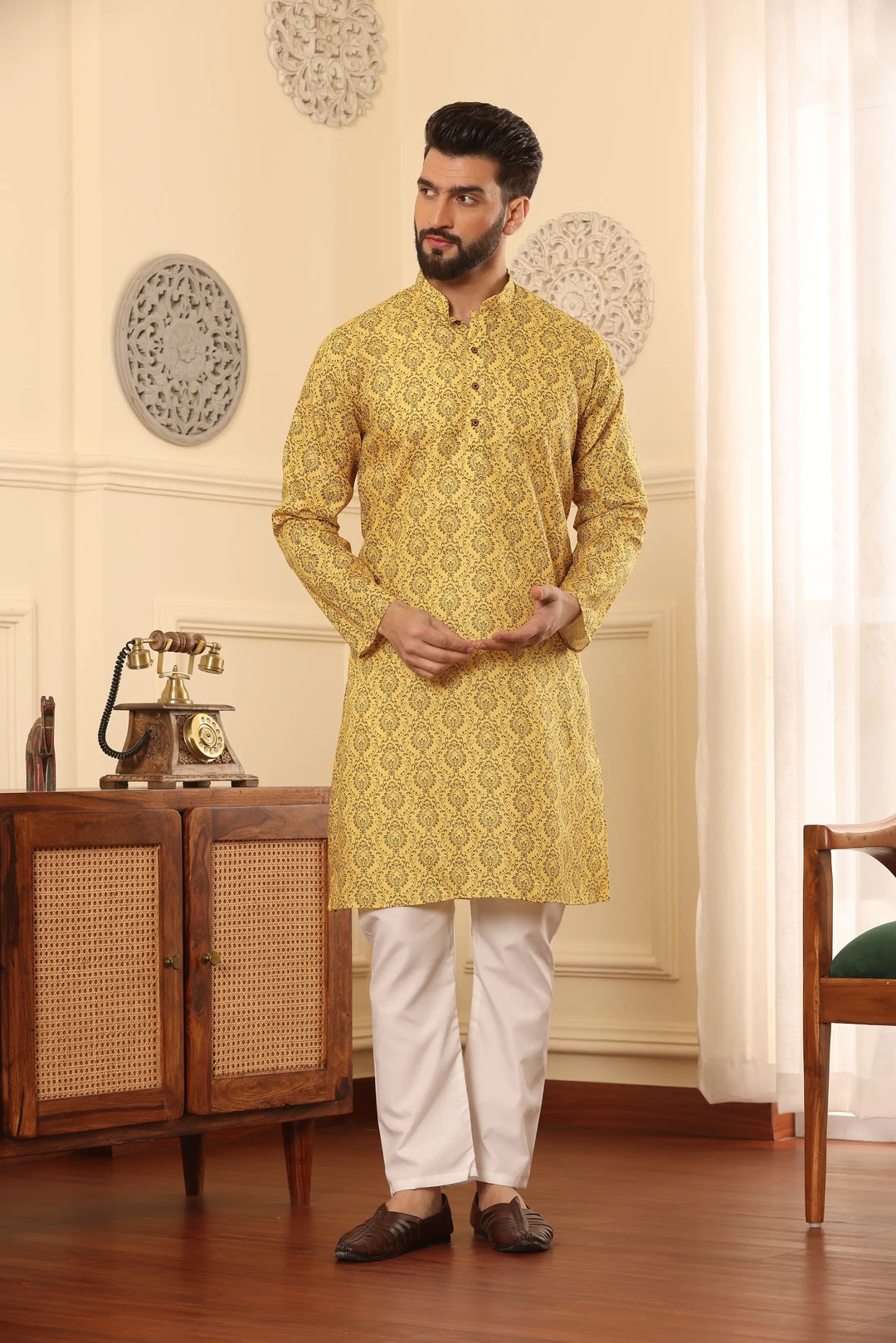 Yellow Cotton Printed Kurta Pajama Set for Men