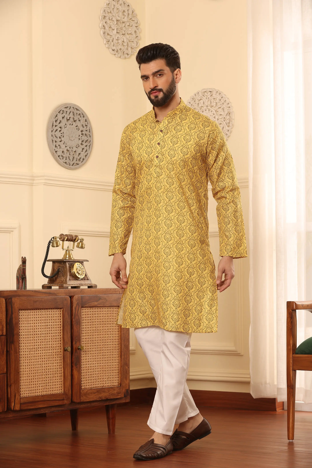 Yellow Cotton Printed Kurta Pajama Set for Men