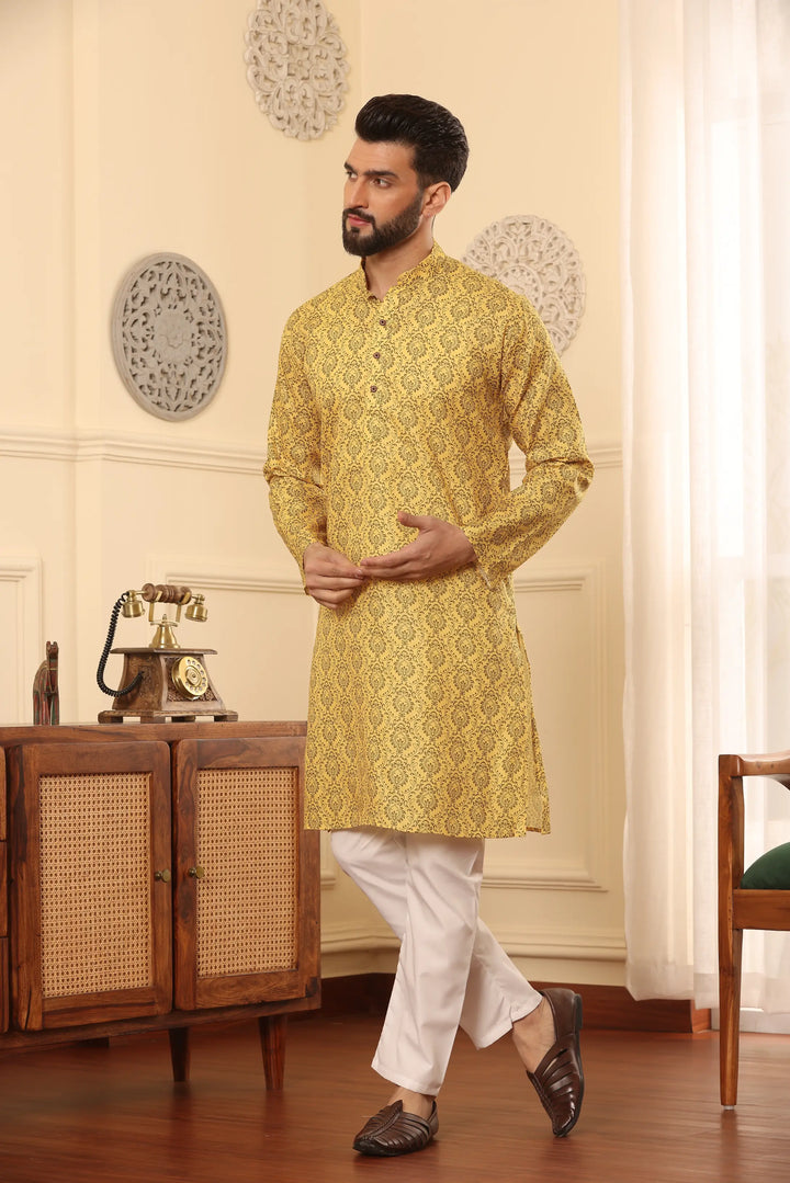 Yellow Cotton Printed Kurta Pajama Set for Men