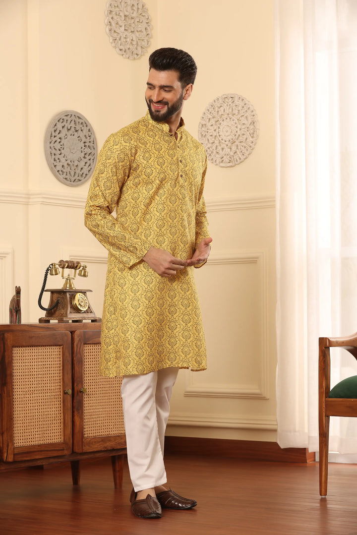 Yellow Cotton Printed Kurta Pajama Set for Men