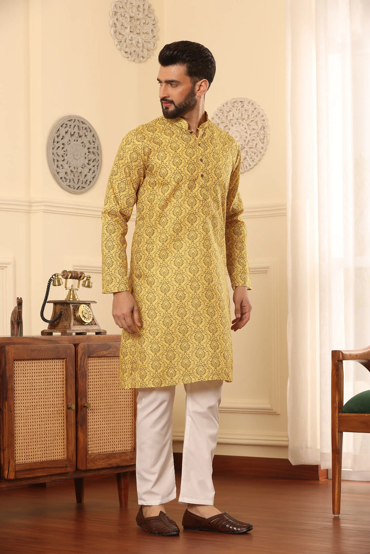 Yellow Cotton Printed Kurta Pajama Set for Men