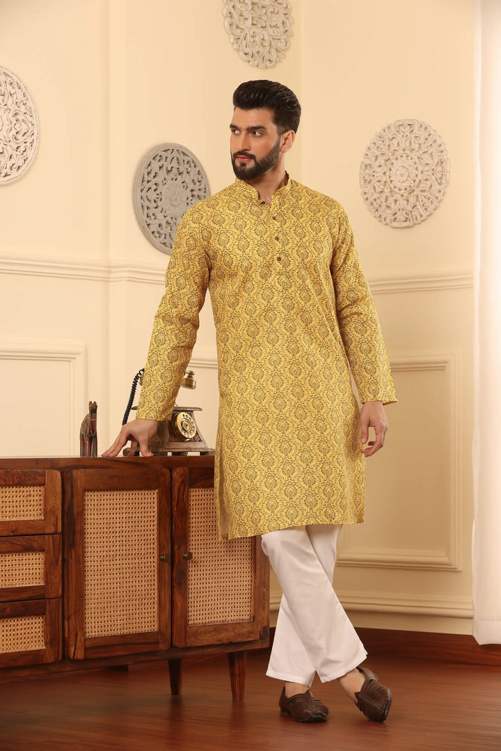 Yellow Cotton Printed Kurta Pajama Set for Men