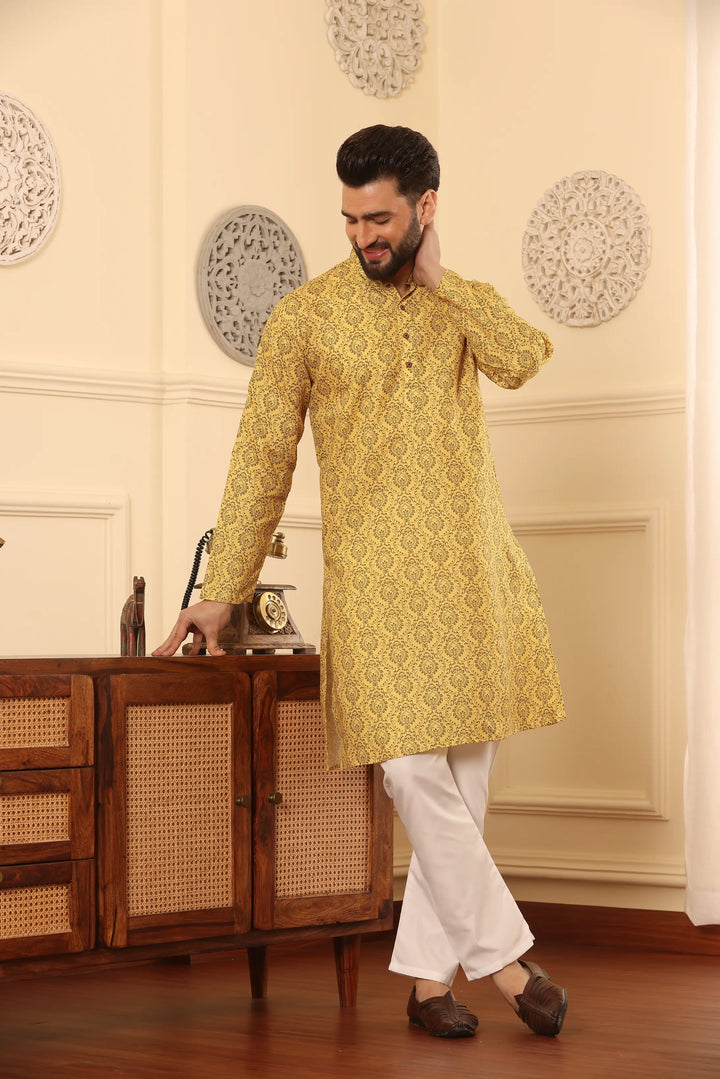 Yellow Cotton Printed Kurta Pajama Set for Men