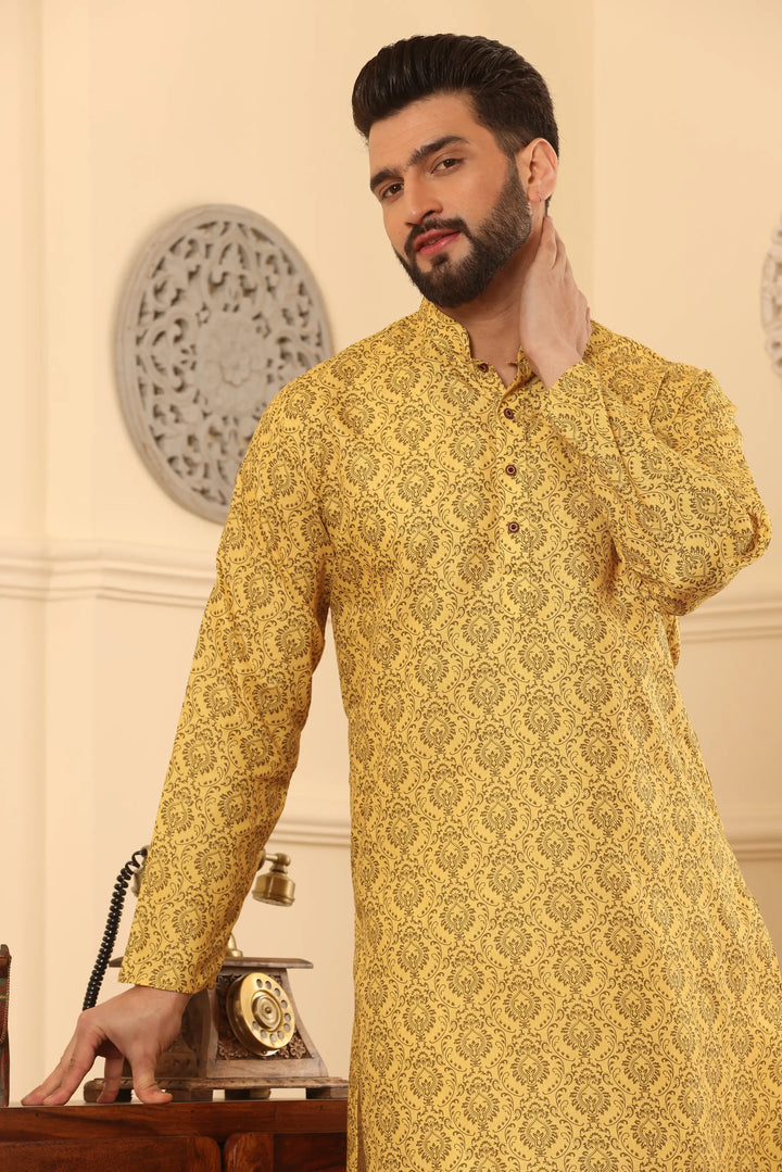 Yellow Cotton Printed Kurta Pajama Set for Men