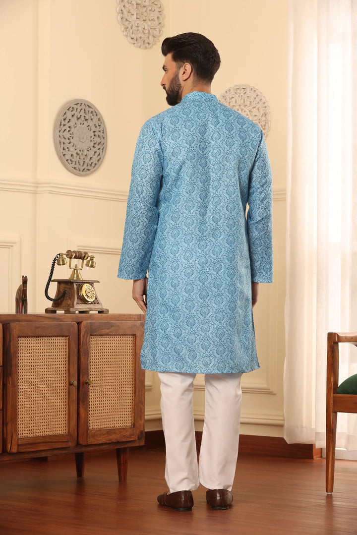 Sky Blue Cotton Printed Kurta Pyjama Set for Men