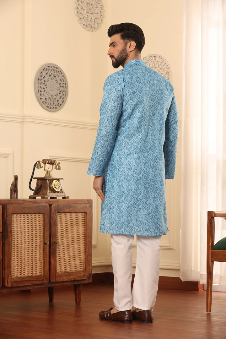 Sky Blue Cotton Printed Kurta Pyjama Set for Men