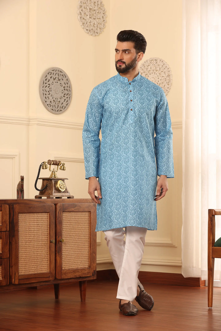 Sky Blue Cotton Printed Kurta Pyjama Set for Men