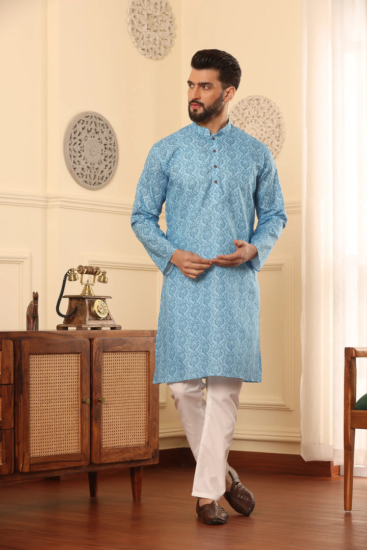 Sky Blue Cotton Printed Kurta Pyjama Set for Men