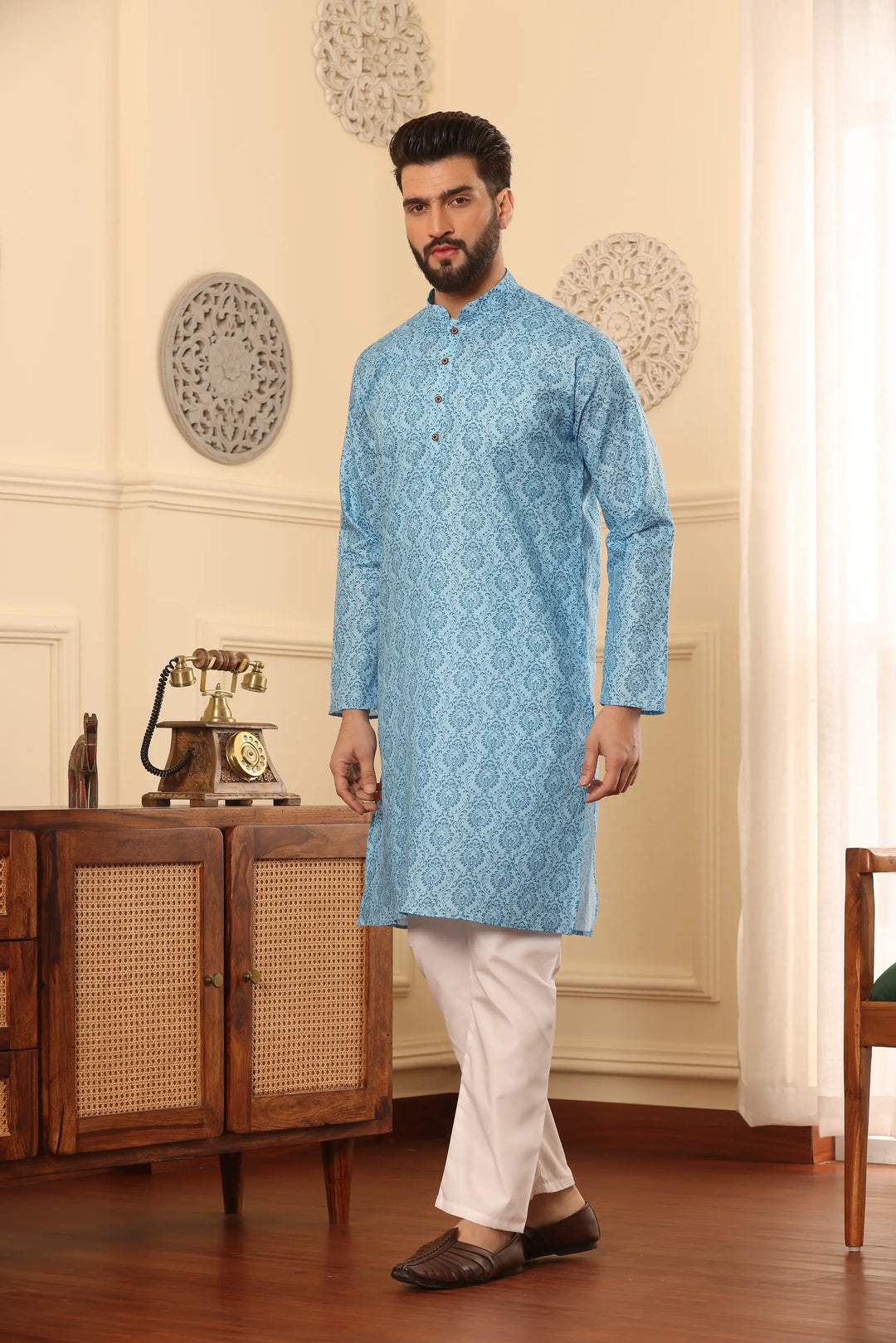 Sky Blue Cotton Printed Kurta Pyjama Set for Men