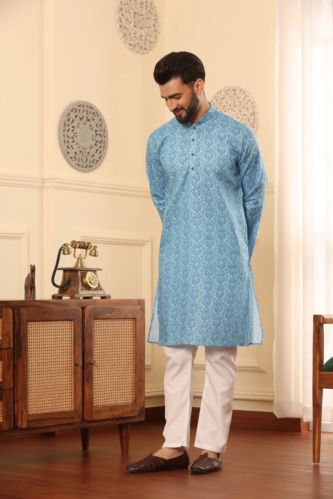 Sky Blue Cotton Printed Kurta Pyjama Set for Men