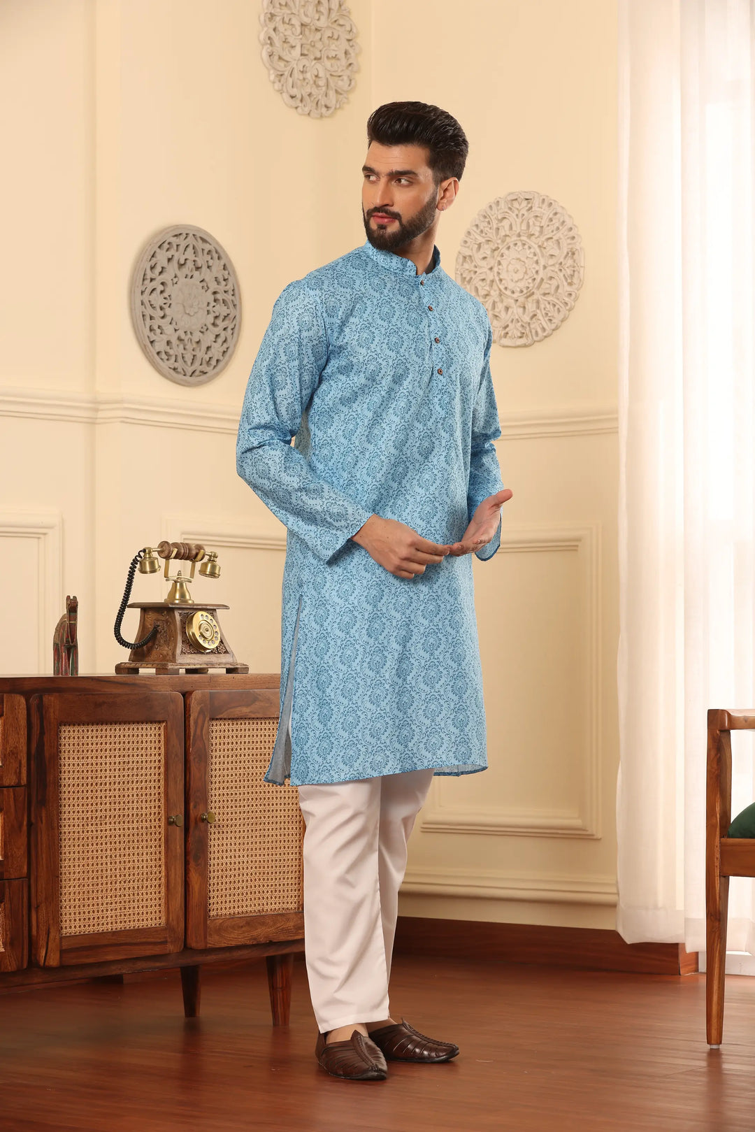 Sky Blue Cotton Printed Kurta Pyjama Set for Men