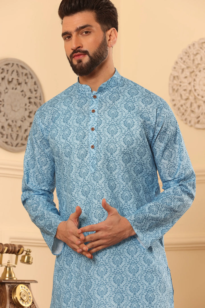 Sky Blue Cotton Printed Kurta Pyjama Set for Men