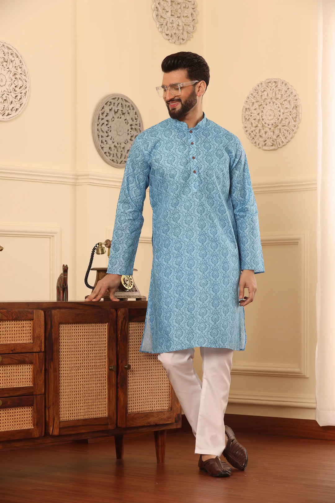 Sky Blue Cotton Printed Kurta Pyjama Set for Men