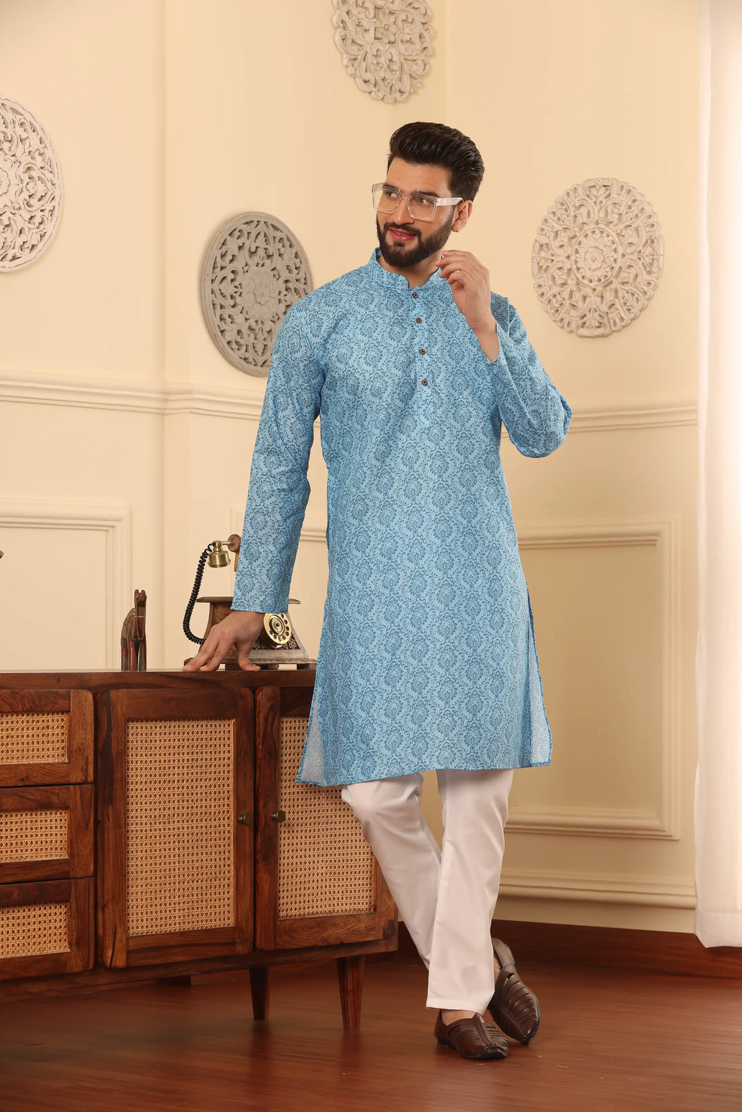 Sky Blue Cotton Printed Kurta Pyjama Set for Men