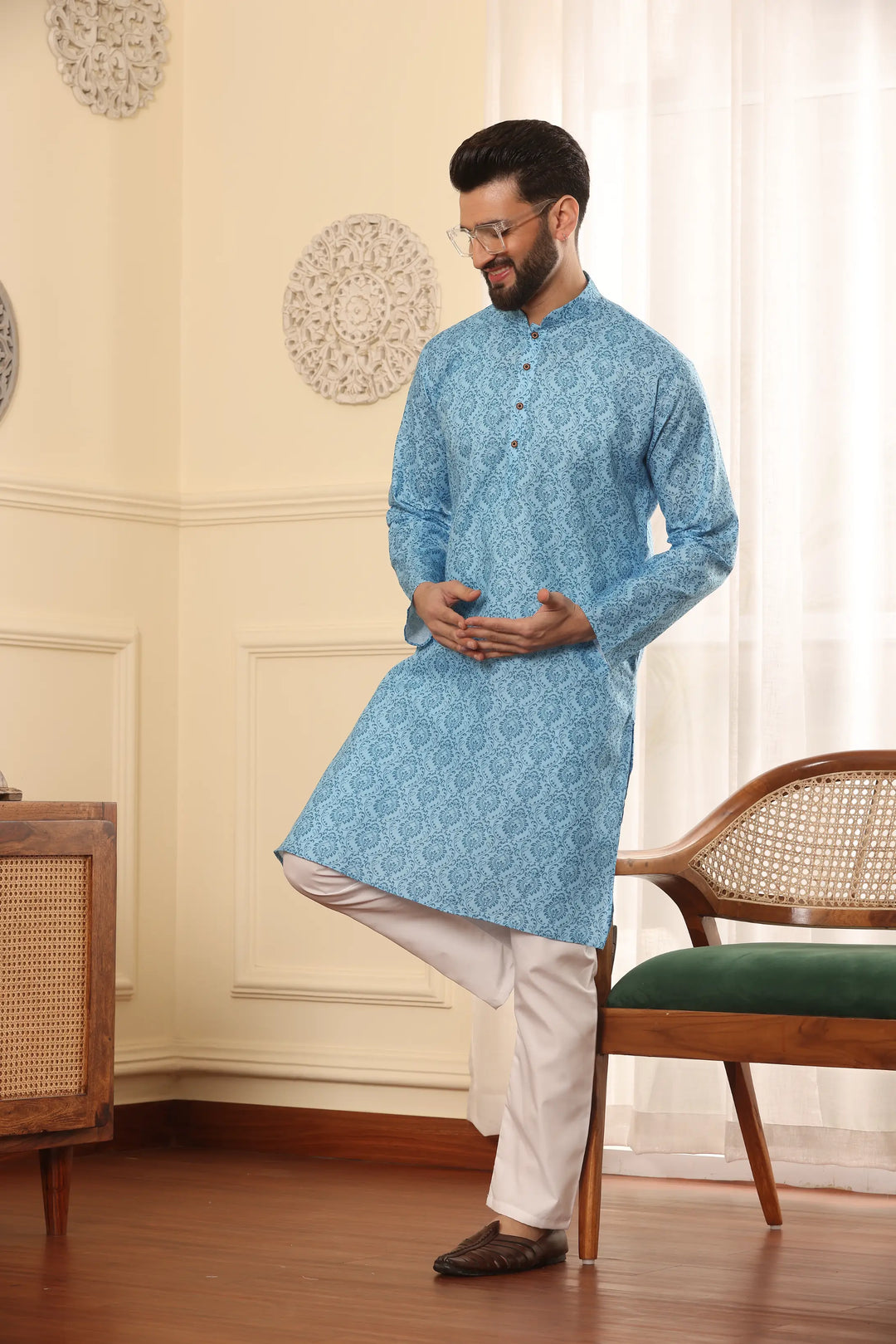 Sky Blue Cotton Printed Kurta Pyjama Set for Men