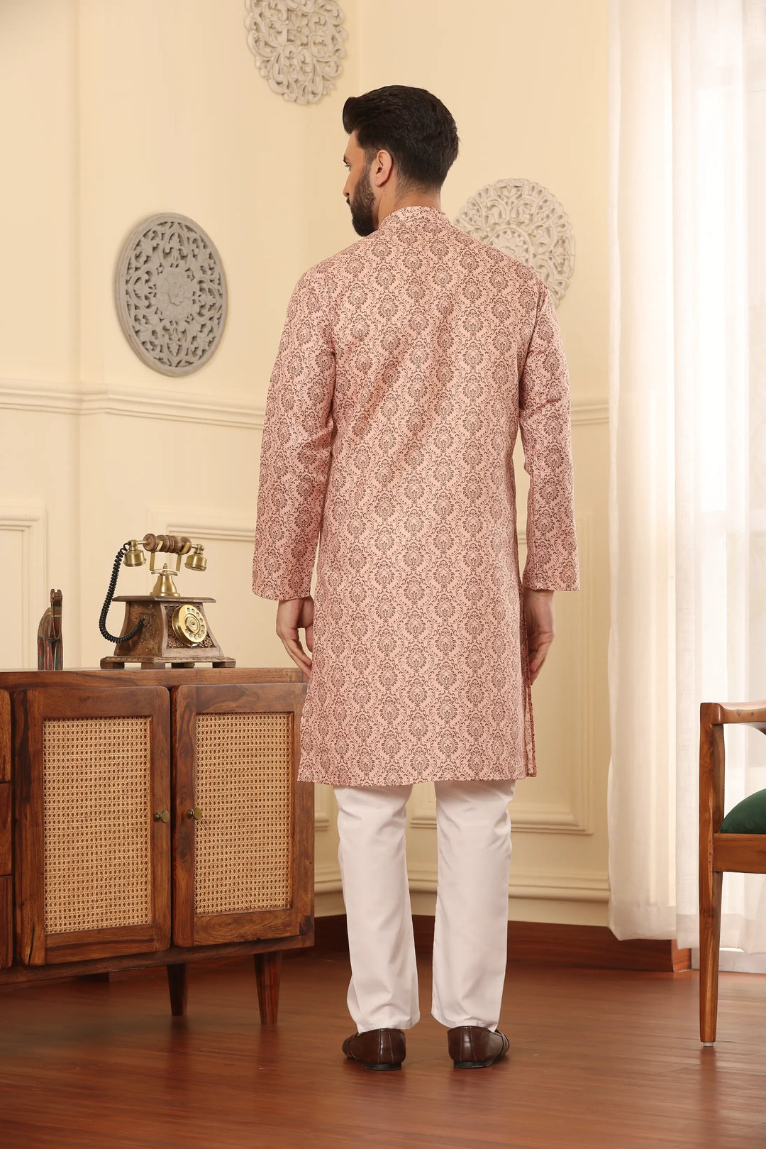 Peach Perfection Cotton Printed Kurta Pyjama Set for Men