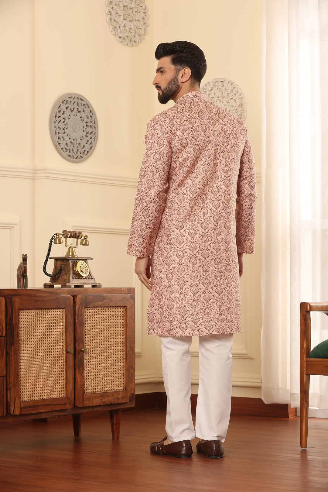 Peach Perfection Cotton Printed Kurta Pyjama Set for Men