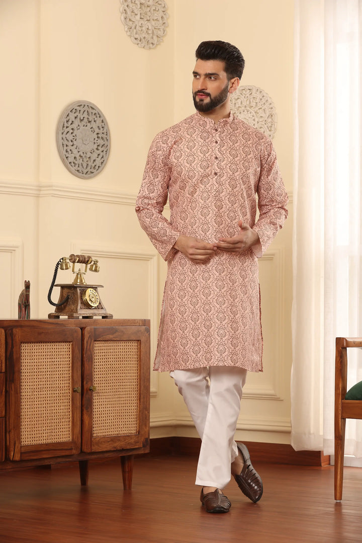 Peach Perfection Cotton Printed Kurta Pyjama Set for Men