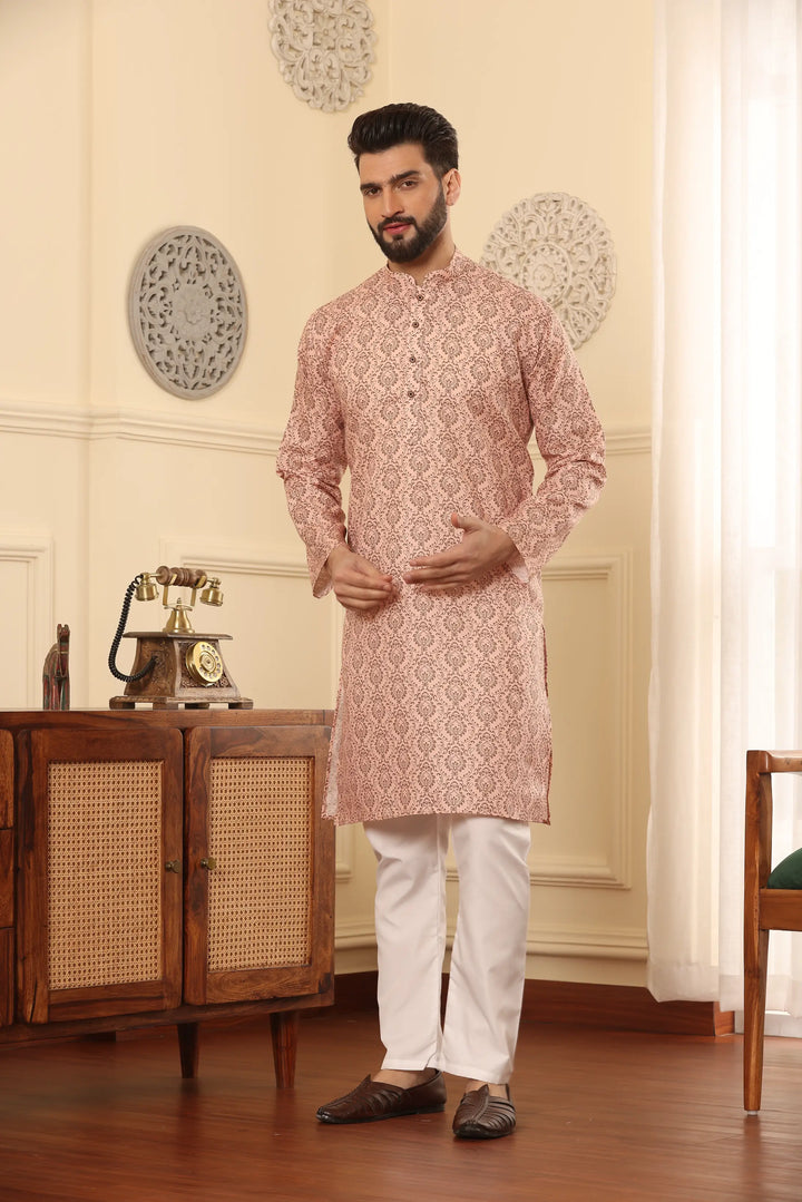 Peach Perfection Cotton Printed Kurta Pyjama Set for Men