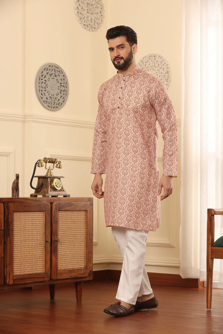 Peach Perfection Cotton Printed Kurta Pyjama Set for Men