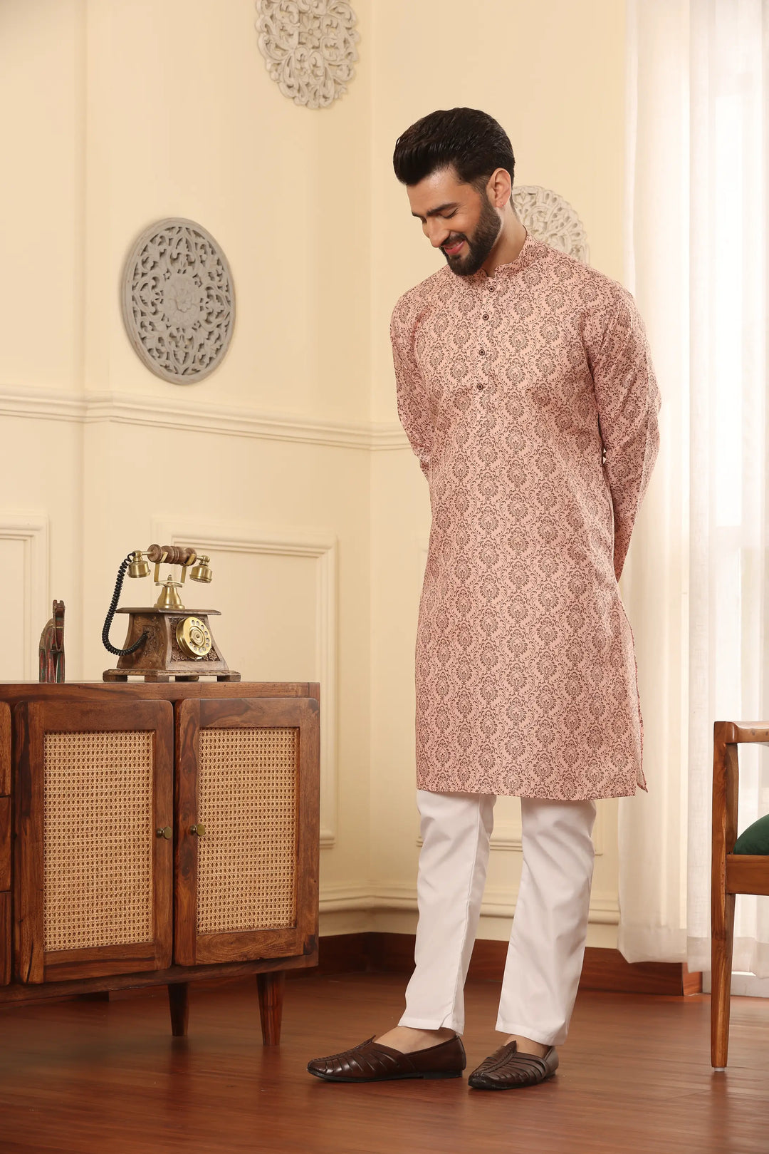 Peach Perfection Cotton Printed Kurta Pyjama Set for Men