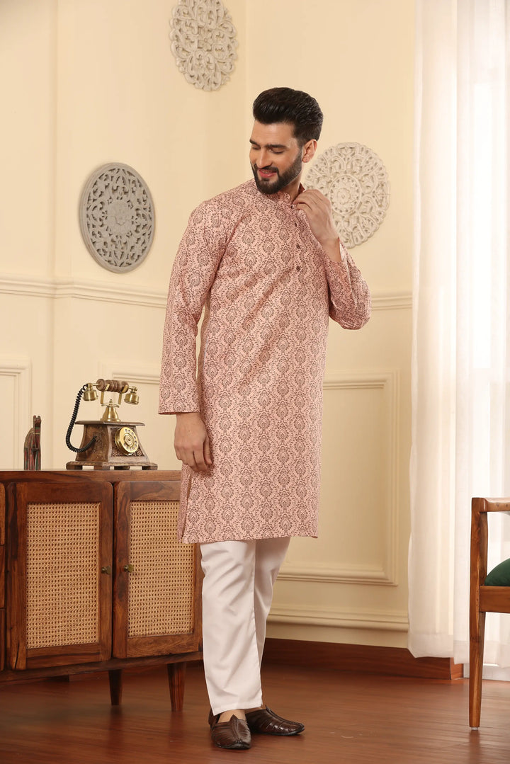 Peach Perfection Cotton Printed Kurta Pyjama Set for Men