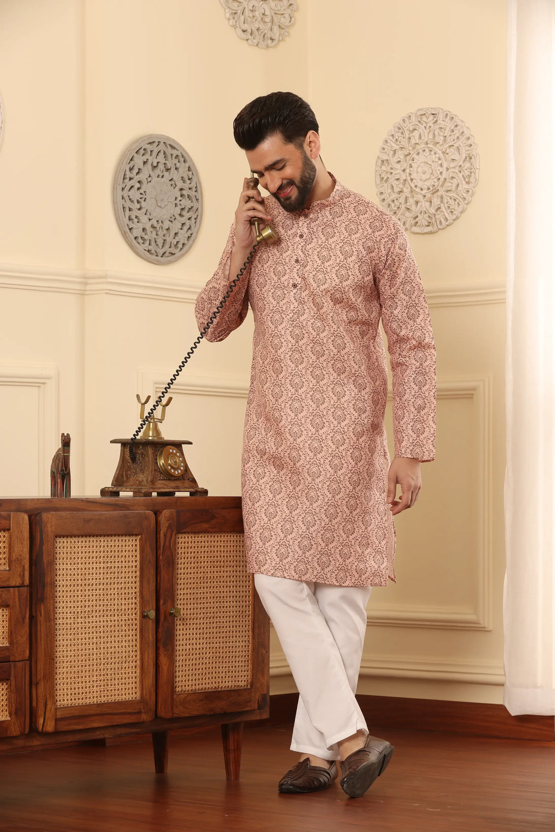 Peach Perfection Cotton Printed Kurta Pyjama Set for Men