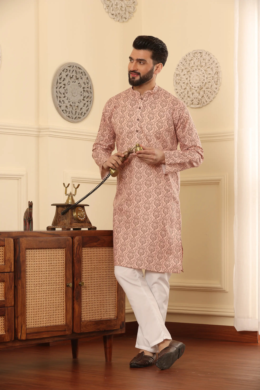 Peach Perfection Cotton Printed Kurta Pyjama Set for Men