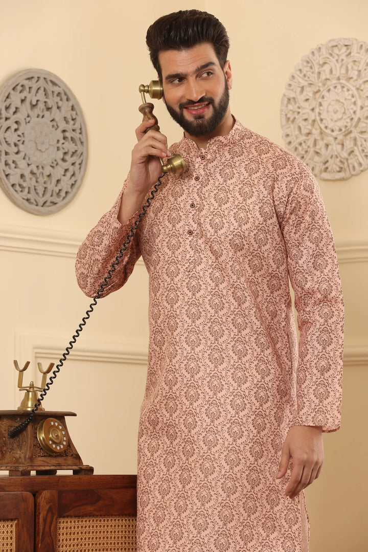 Peach Perfection Cotton Printed Kurta Pyjama Set for Men