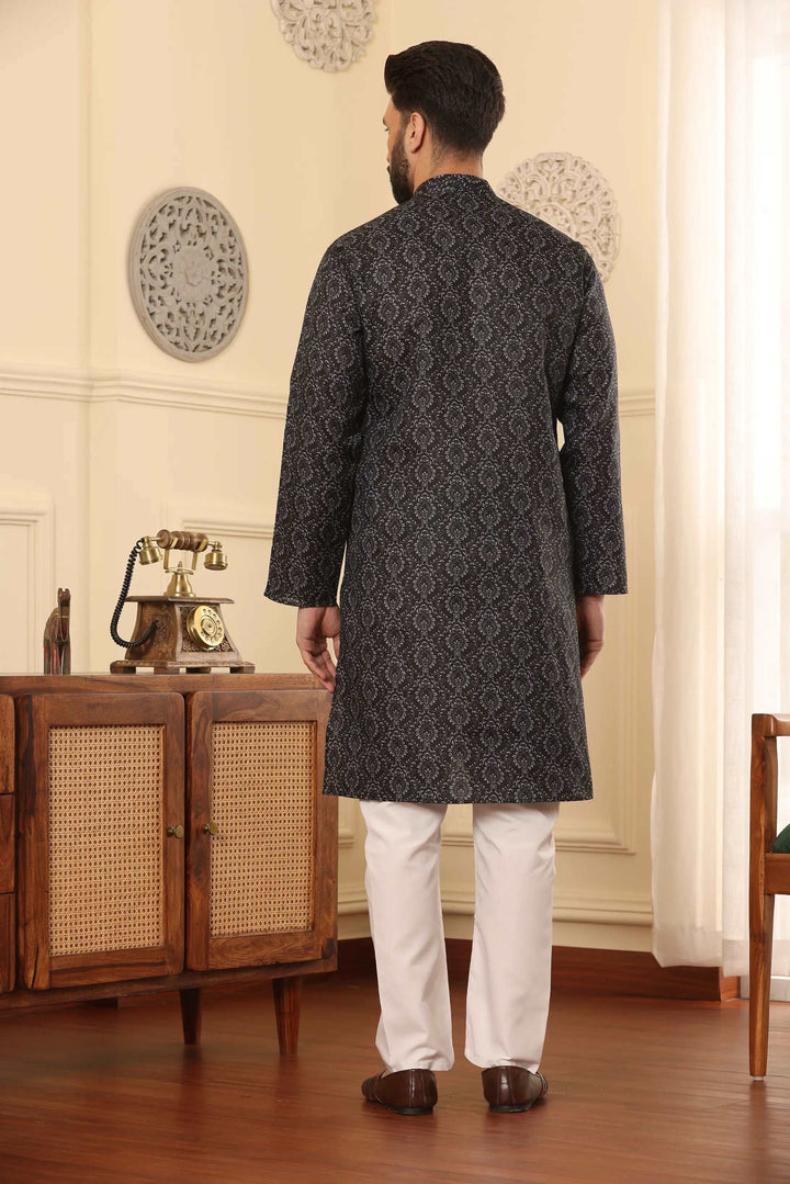 Black Cotton Printed Kurta Pyjama Set for Men