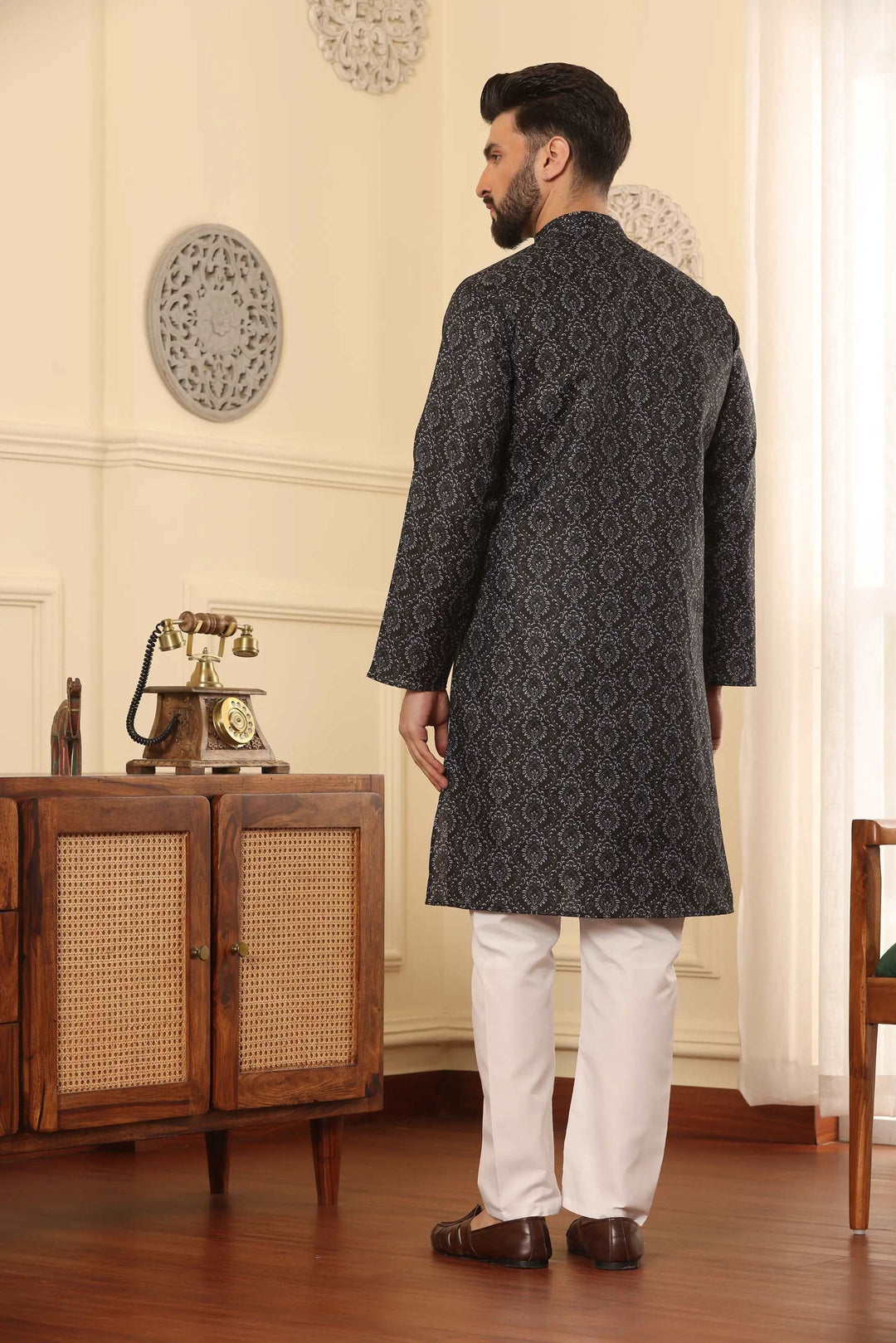 Black Cotton Printed Kurta Pyjama Set for Men