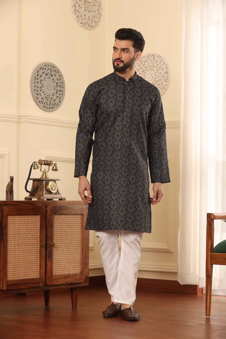 Black Cotton Printed Kurta Pyjama Set for Men