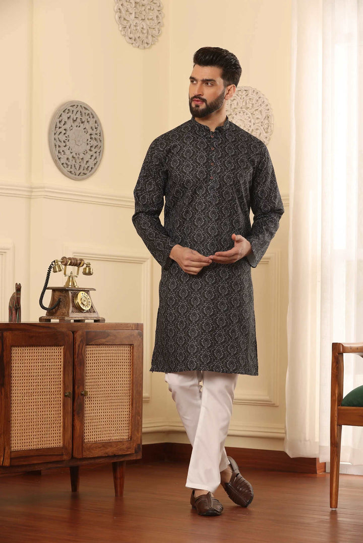 Black Cotton Printed Kurta Pyjama Set for Men