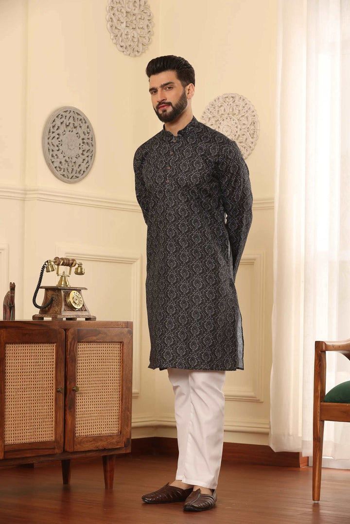 Black Cotton Printed Kurta Pyjama Set for Men