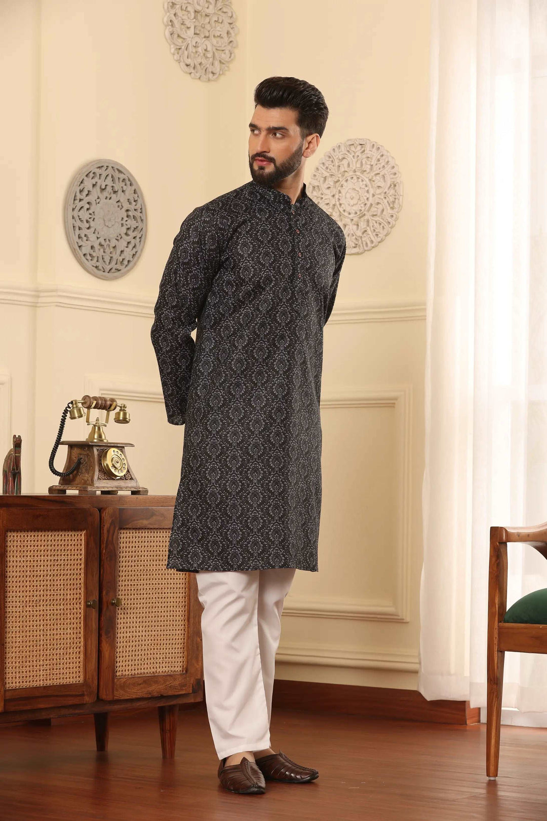 Black Cotton Printed Kurta Pyjama Set for Men