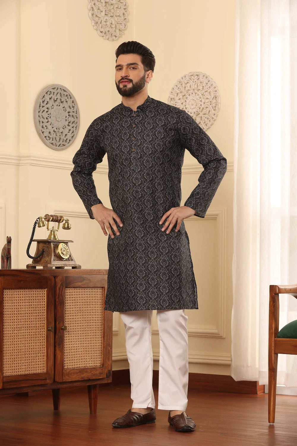 Black Cotton Printed Kurta Pyjama Set for Men